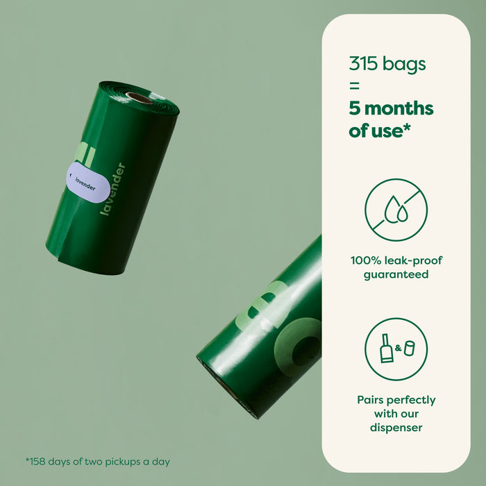 Two rolls of green bags are displayed on a green background. Text on the right highlights features: "315 bags = 5 months of use," "100% leak-proof guaranteed," and "Pairs perfectly with our dispenser.