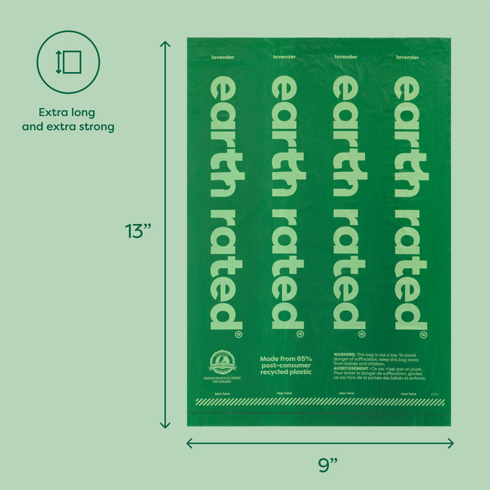 Green waste bag packaging with "earth rated" printed multiple times in large text. Dimensions are 13” tall and 9” wide. Features information about being made from 65% post-consumer recycled plastic.