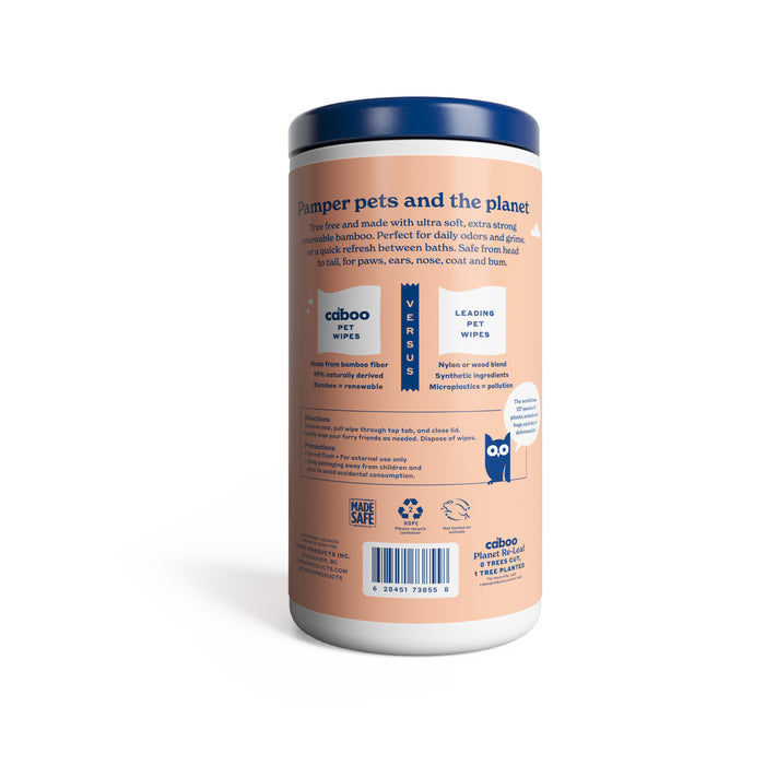 Caboos Pet Wipes come in a cylindrical container with a blue lid, highlighting their eco-friendliness and safety. Made from bamboo fibers, these hypoallergenic wipes are free from harmful chemicals and are MADE SAFE® Certified.