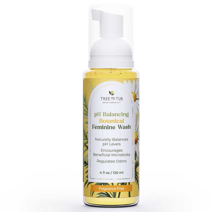 Tree To Tubs 4 fl oz (120 ml) pH Balancing Botanical Feminine Wash is fragrance-free, with chamomile flowers and greenery, focusing on pH balance and odor control for gentle, fresh care.