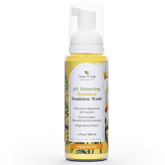 Tree To Tubs 4 fl oz (120 ml) pH Balancing Botanical Feminine Wash is fragrance-free, with chamomile flowers and greenery, focusing on pH balance and odor control for gentle, fresh care.
