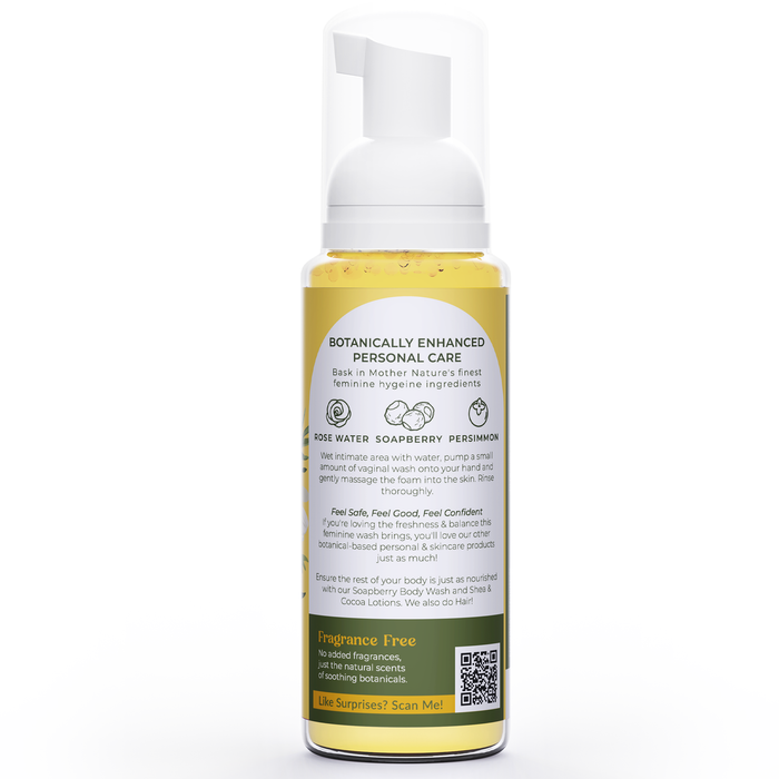 Tree To Tubs pH Balancing Botanical Feminine Wash is a botanically enhanced foam with yellow liquid containing rose water, soapberry, and persimmon. It has usage instructions, is fragrance-free, and promotes smoother skin with natural ingredients.