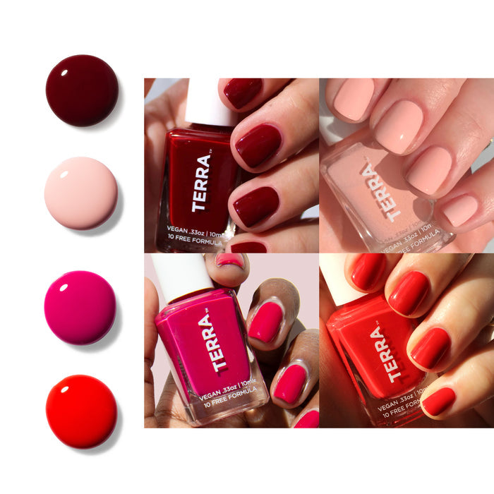 The Terra Beauty Bars Pink+Red Curated Nail Collection offers vegan and cruelty-free shades like deep red, soft pink, bright fuchsia, and vibrant coral. Each color is beautifully displayed on hands holding the elegant Terra bottle.