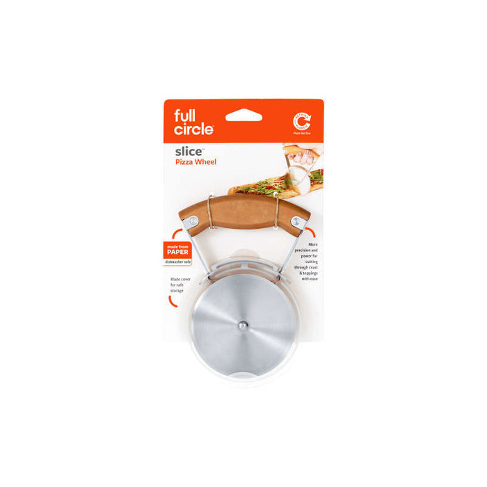 The Full Circle Pizza Wheel features a circular metal blade, wooden handle, recycled plastic safety cover, and is packaged in white and orange with a pizza slice image highlighting its precision cutting.