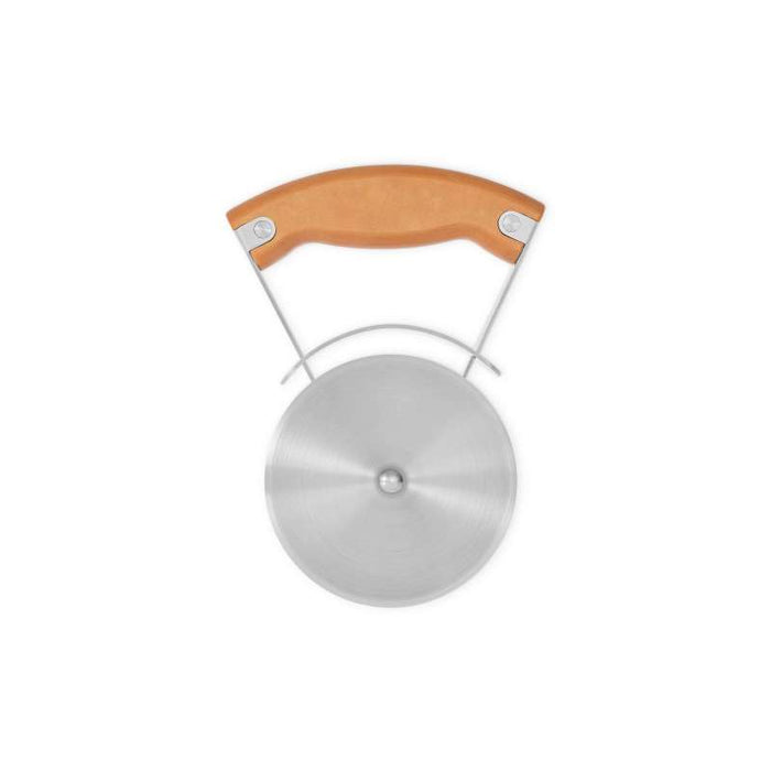 The Full Circle Pizza Wheel features a circular stainless steel blade with an ergonomic wooden hover-style handle. This precision cutter is securely attached with metal supports and stands vertically against a plain white background.