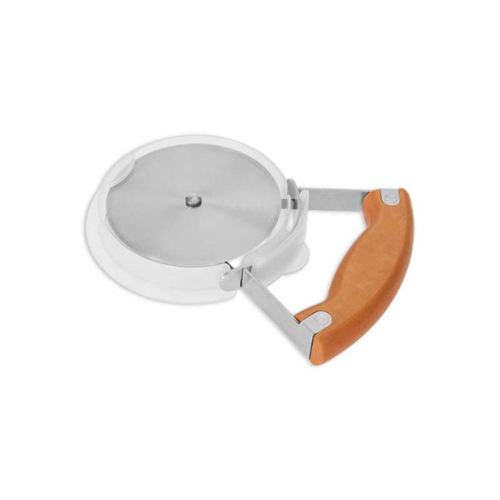 The Full Circle Pizza Wheel has a shiny metal circular blade for precision cutting and a curved wooden hover-style handle angled for comfort and control. It includes an eco-friendly safety cover made of recycled plastic.