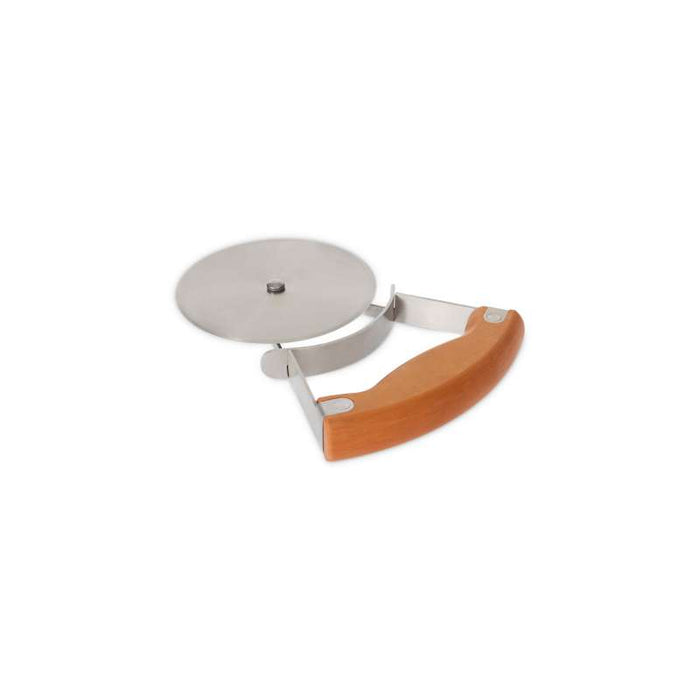 The Full Circle Pizza Wheel is a stainless steel cutter with a circular blade and hover-style handle, designed for precision cutting, showcased flat against a plain white background.