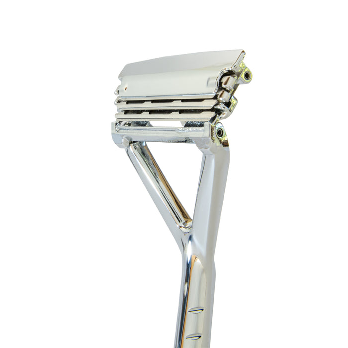 A close-up of Leaf Shaves Plastic Free Razor, showcasing its all-metal build with multiple blades and a sleek ergonomic handle on a white background. Ideal for sensitive skin users.