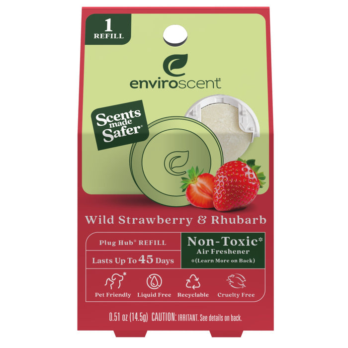 Enviroscent Plug-in Air Freshener Refill in Wild Strawberry & Rhubarb features a red and green box with strawberry, rhubarb, and refill disc images. Labels highlight its non-toxic and pet-friendly qualities.
