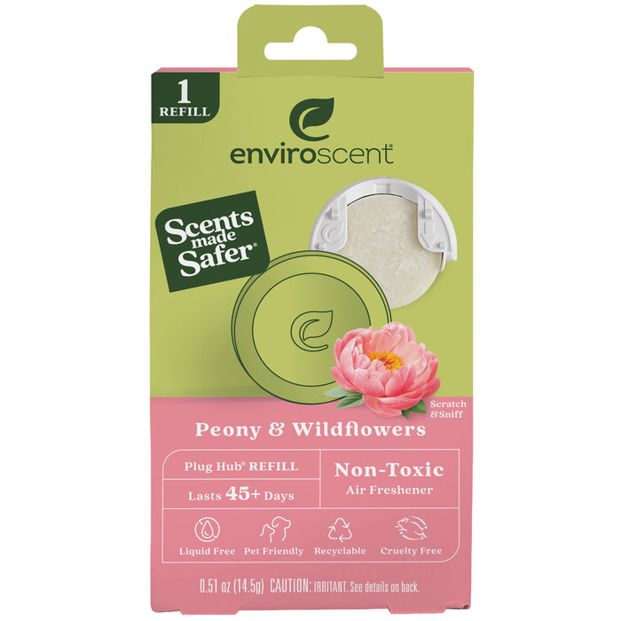 Enviroscents Plug-In Air Freshener Refill features green and pink packaging with a Peony & Wildflowers scent. Its pet-friendly, non-toxic, recyclable, liquid-free, includes a scratch-and-sniff area, and offers over 45 days of freshness.