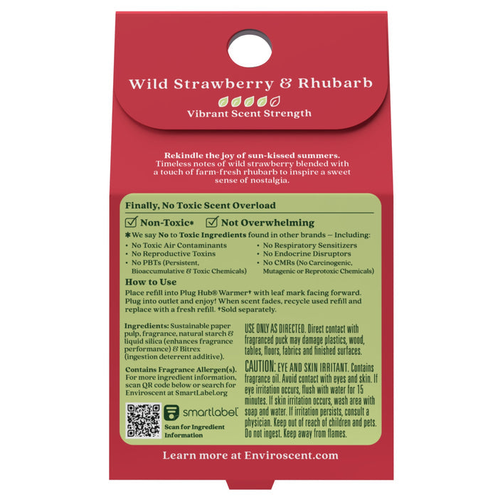 Back of Enviroscent Plug-in Air Freshener Refill package—featuring vibrant scent strength, non-toxic ingredients, usage instructions, plus a QR code and website link for more info.