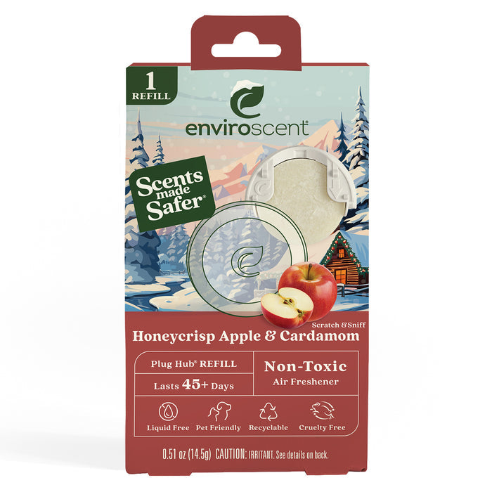 The Enviroscent Plug-in Air Freshener Refill features a forest and mountain design, with a non-toxic, cruelty-free formula that lasts 45+ days. It’s pet-friendly, recyclable, and offers safer Honeycrisp Apple & Cardamom scents for all.