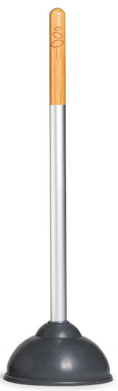 The Grove Co. Plunger - Handle + Replacement Head features a wooden handle with a silver metallic section and logo near the top, paired with a gray rubber suction cup. Its design is simple yet functional.