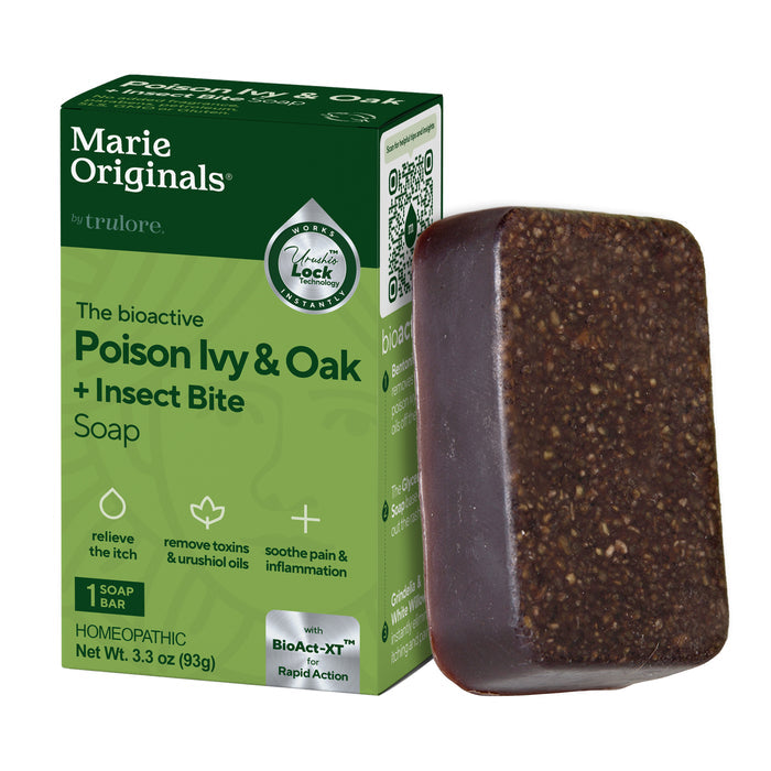 The Marie Originals Poison Ivy & Oak Relief Soap, a rectangular brown anti-itch bar, is shown beside its green and white box. It soothes rashes and promotes toxin removal as a natural cleanser for poison ivy relief.