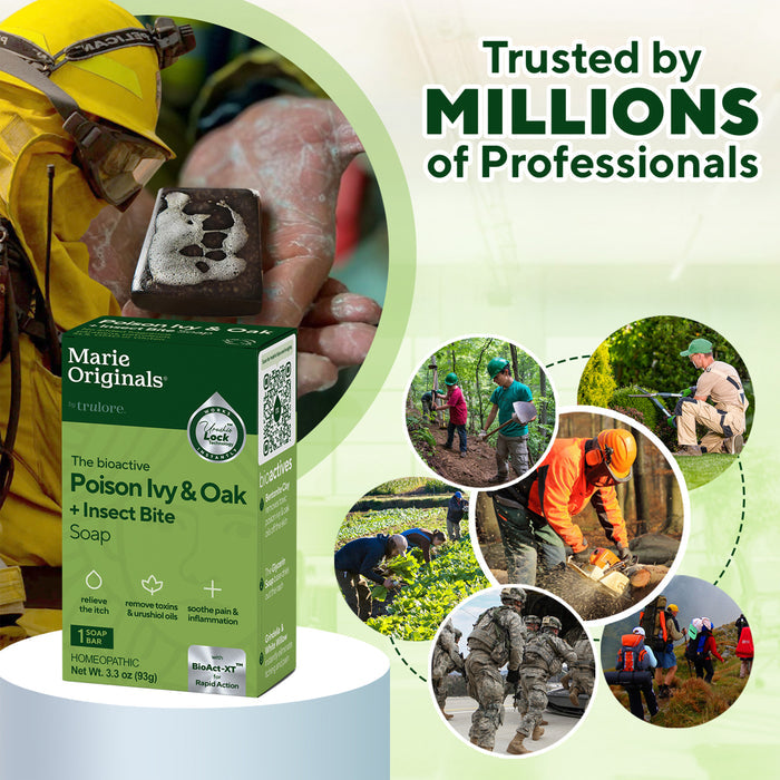 Marie Originals Poison Ivy & Oak Relief Soap is shown with photos of firefighters, climbers, soldiers, and hikers. Text reads: Trusted by MILLIONS of Professionals for poison ivy relief and anti-itch soap.