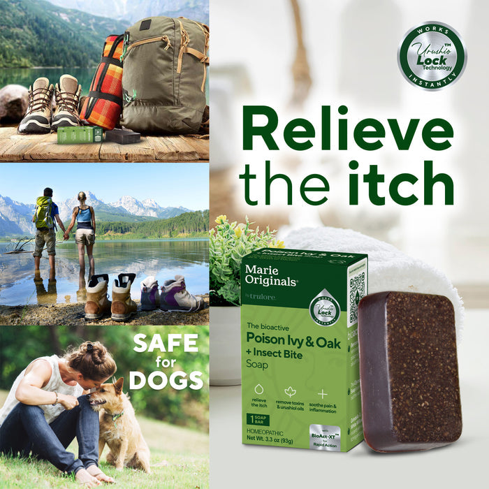 A collage features hikers by a mountain lake, hiking gear, a dog being petted, and Marie Originals Poison Ivy & Oak Relief Soap—a natural rash cleanser— with “Relieve the itch” and “SAFE FOR DOGS” highlighted.