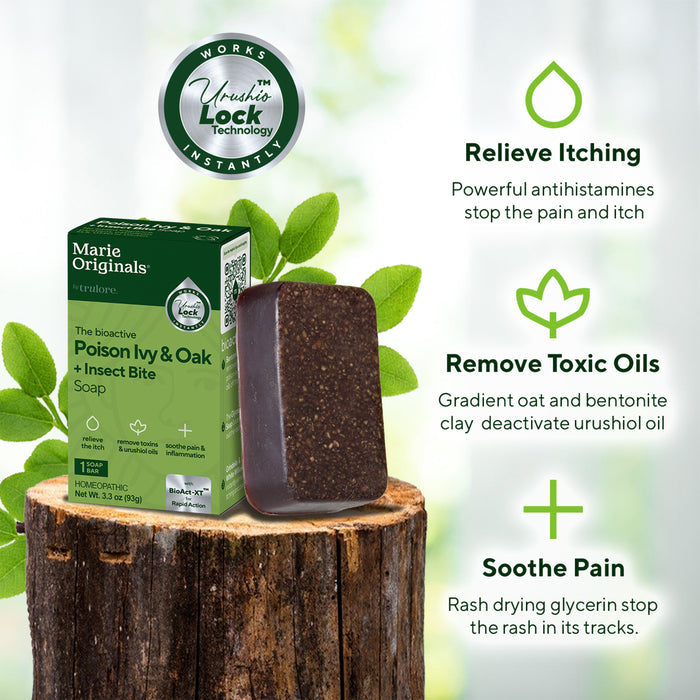 A box and bar of Marie Originals Poison Ivy & Oak Relief Soap sit on a log with green leaves. Text highlights its benefits: relieves itching, removes toxic oils, and soothes pain, with corresponding icons and descriptions.