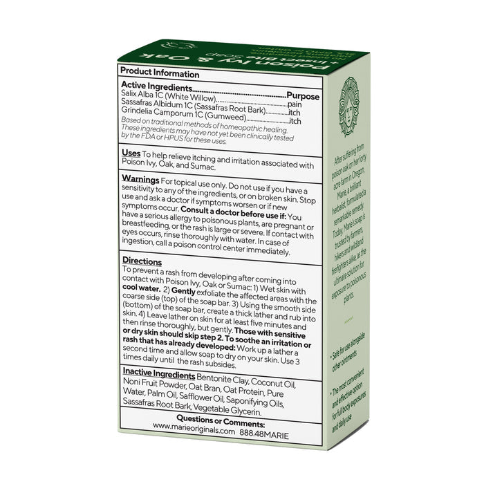 The image shows the back of a green and white Marie Originals Poison Ivy & Oak Relief Soap box, detailing ingredients, directions, and warnings for this natural cleanser used to soothe itching and irritation from poison ivy, oak, or sumac.