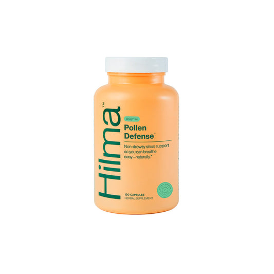 Orange bottle labeled Hilma Pollen Defense offers non-drowsy sinus support to help you breathe easy naturally. Contains 180 capsules of natural herbs and is marketed as a herbal supplement.