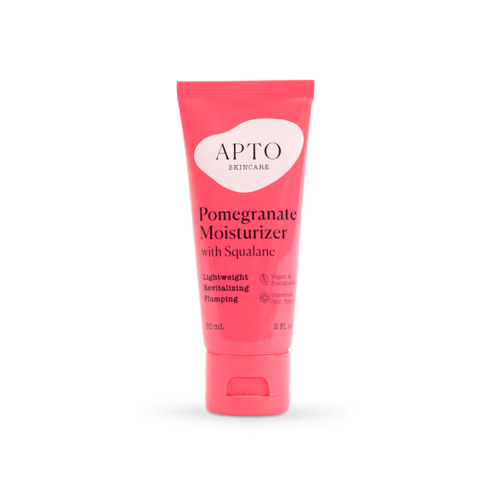 The 60 ml red tube of APTO Skincare Pomegranate Moisturizer with Squalane, a cruelty-free formula, revitalizes and plumps skin with its lightweight antioxidant-rich benefits.