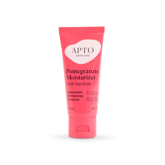 The 60 ml red tube of APTO Skincare Pomegranate Moisturizer with Squalane, a cruelty-free formula, revitalizes and plumps skin with its lightweight antioxidant-rich benefits.