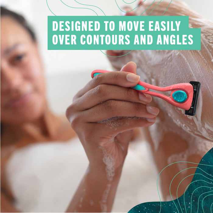 Relaxing in a bubble bath, someone shaves their leg with a pink and blue Preserve razor. Text above reads: DESIGNED TO MOVE EASILY OVER CONTOURS AND ANGLES. With Preserve Shave 5 Replacement Blades, this shave is as gentle on the planet as it is on your skin—eco-friendly blades that fit both Preserve Shave 5 and POPi Shave 5 handles.