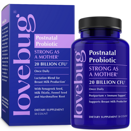 A purple box and bottle of Lovebug Postnatal Probiotic - Lactation Blend, labeled Strong as a Mother, contains 30 capsules with 20 billion CFU to support postpartum digestive health and breast milk production.