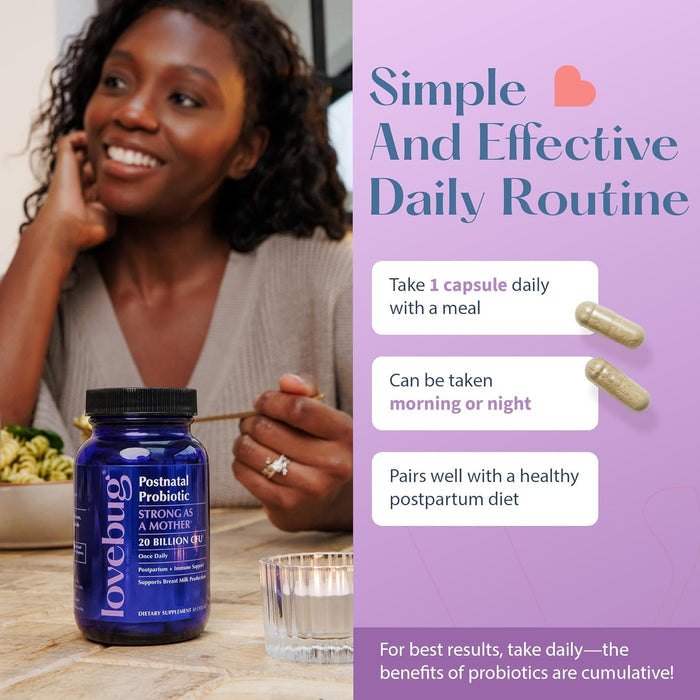 A smiling woman sits at a table with a meal and Lovebug Postnatal Probiotic - Lactation Blend. Text guides: take 1 capsule daily with food to support lactation as part of your healthy postpartum routine.
