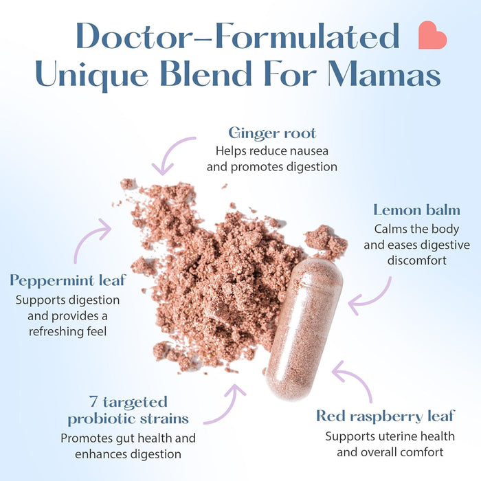 Lovebug’s Postnatal Probiotic - Lactation Blend is shown as a capsule and loose powder, featuring ginger root, red raspberry leaf, and 7 probiotic strains to support digestive health and postnatal comfort for mothers.