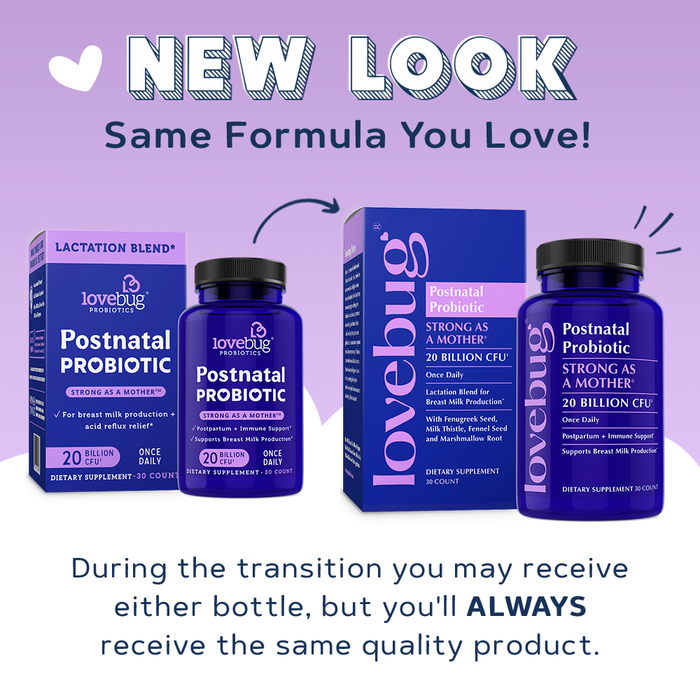 Image showing two bottles and boxes of Lovebug Postnatal Probiotic - Lactation Blend with the text: “NEW LOOK, Same Formula! Trusted for digestive health & lactation support. During transition, you may get either bottle—same quality product.”.