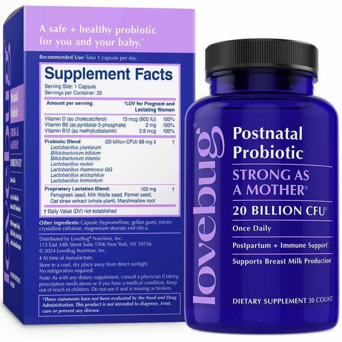 A blue bottle of Lovebug Postnatal Probiotic - Lactation Blend sits by its box, showcasing supplement facts and details for digestive health, postpartum care, and lactation support.