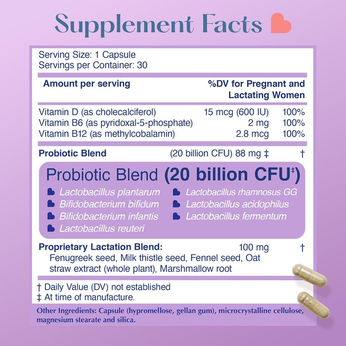 Lovebug Postnatal Probiotic - Lactation Blend label shown with Vitamin D, B6, B12, 20 billion CFU probiotic strains, a proprietary lactation blend for lactation support, and two capsules at the bottom right. Ideal postnatal probiotic.