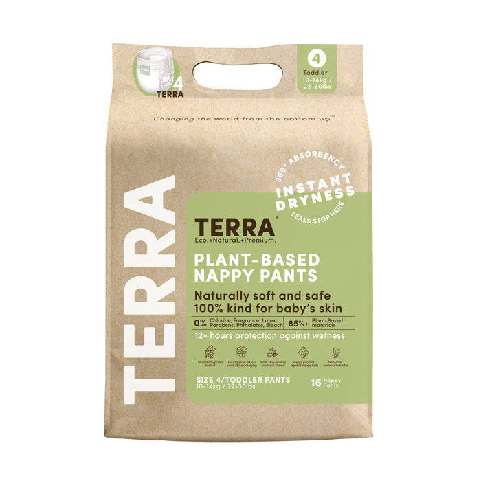 A pack of Terra Potty Pull Up Training Pants for toddlers, size 4 (10-14kg), made with sustainable and compostable materials. Features eco-friendly 360° absorbency and instant dryness. The brown packaging with green accents contains 16 nappies.