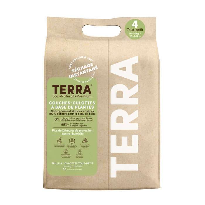 Discover Terra Eco-Natural-Premium Potty Pull Up Training Pants, size 4, for 10-14kg (22-30lbs) toddlers. These plant-based training pants promise instant dryness with 85% biodegradable material and over 12 hours of protection—all packaged in a brown paper bag.