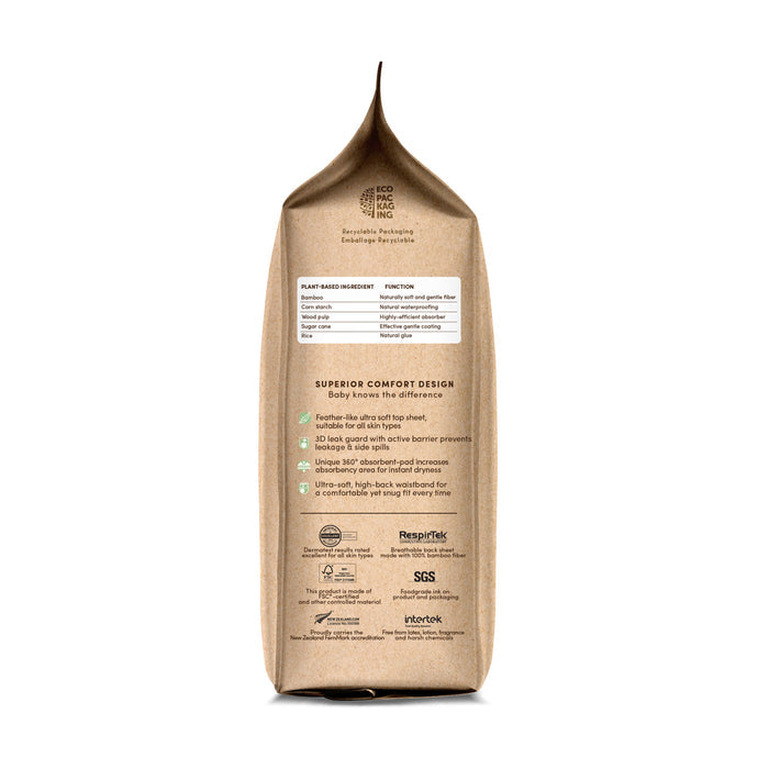 A brown Terra Potty Pull Up Training Pants package stands upright, featuring text on plant-based ingredients, comfort design, and certification logos at the bottom. The top folded upward highlights its compostable bamboo fiber diapers for a gentle touch.