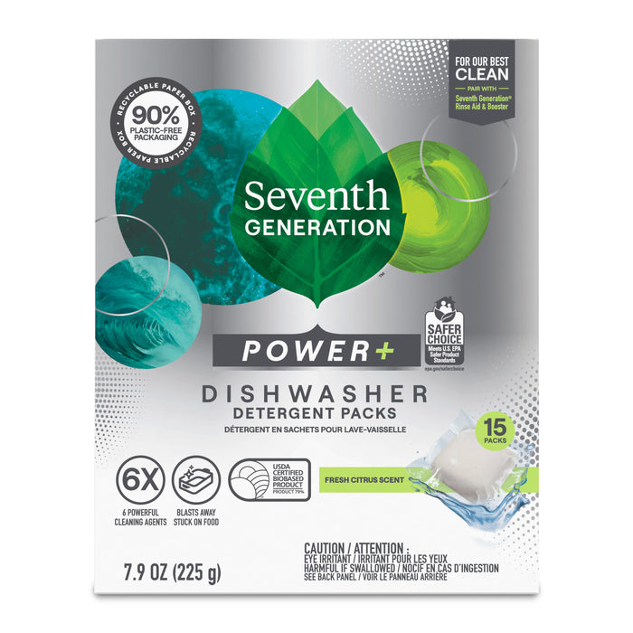 Front of a Seventh Generation Power+ Dishwasher Detergent Packs box, with green and blue graphics, large leaf logo, enzyme-rich formula claims, and a clear window displaying one detergent pack inside.