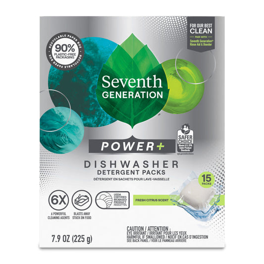 Front of a Seventh Generation Power+ Dishwasher Detergent Packs box, with green and blue graphics, large leaf logo, enzyme-rich formula claims, and a clear window displaying one detergent pack inside.