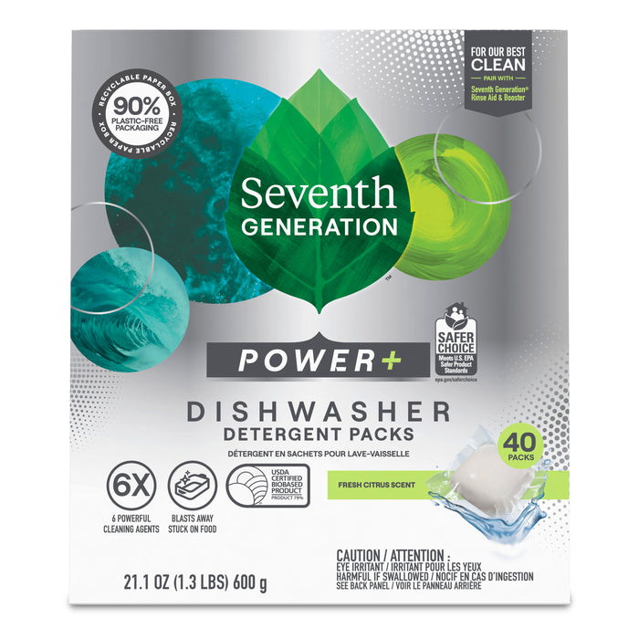 Seventh Generation Power+ Dishwasher Detergent Packs feature 40 citrus-scented packs, 6 cleaning agents, eco-friendly packaging, and a bold green leaf design.