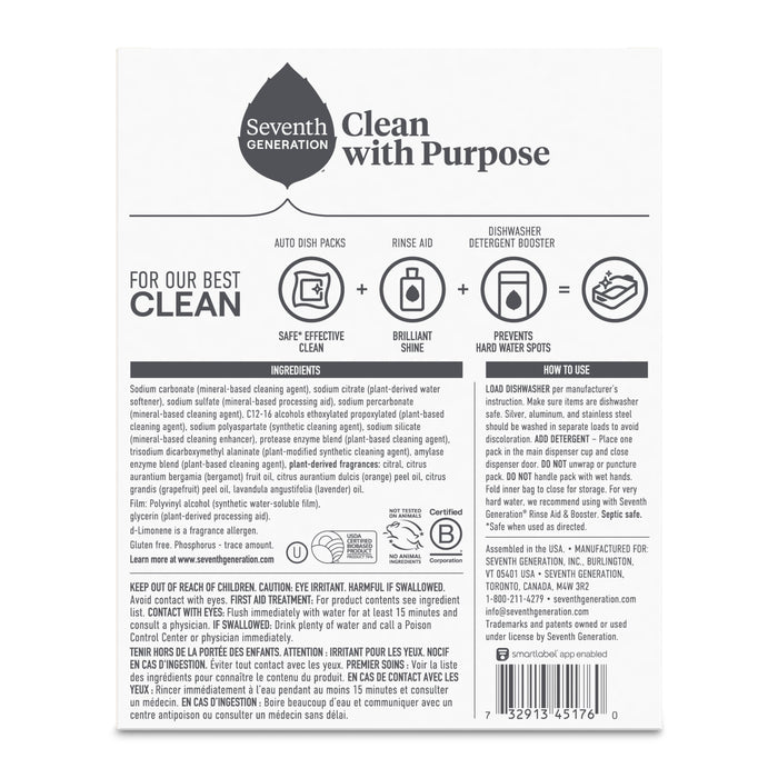Back label of Seventh Generation Power+ Dishwasher Detergent Packs, showing usage instructions, enzyme-powered ingredients, caution notices, company info, barcode, and main text emphasizing superior cleaning and water spot prevention.