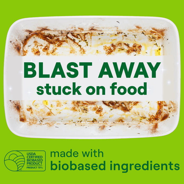 A dirty white baking dish with stuck-on food appears above bold text reading BLAST AWAY stuck on food. Below, it says made with biobased ingredients, showing Seventh Generation Power+ Dishwasher Detergent Packs and a USDA Certified Biobased Product logo.
