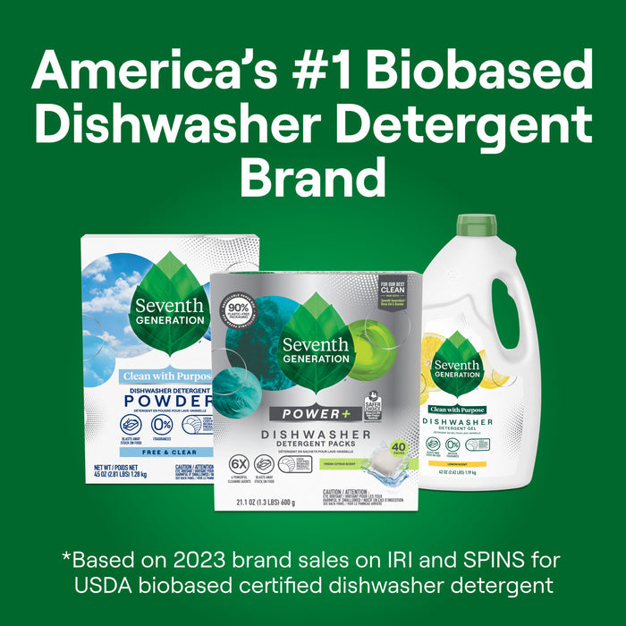 Seventh Generation Power+ Dishwasher Detergent Packs, shown on a green background with “America’s #1 Biobased Dishwasher Detergent Brand,” based on 2023 sales and USDA certification.