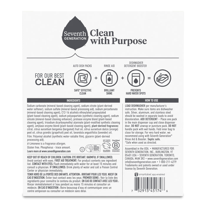 Back of a Seventh Generation Power+ Dishwasher Detergent Packs box displaying usage instructions, ingredients, cleaning icons, safety warnings, company details, barcode, and a “Clean with Purpose” logo at the top.