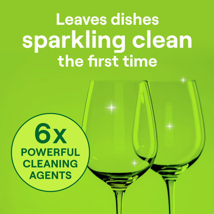 Two clean wine glasses sparkle on a bright green background, highlighting Seventh Generation Power+ Dishwasher Detergent Packs for sparkling clean dishes the first time with 6x powerful citrus-scented cleaning agents.