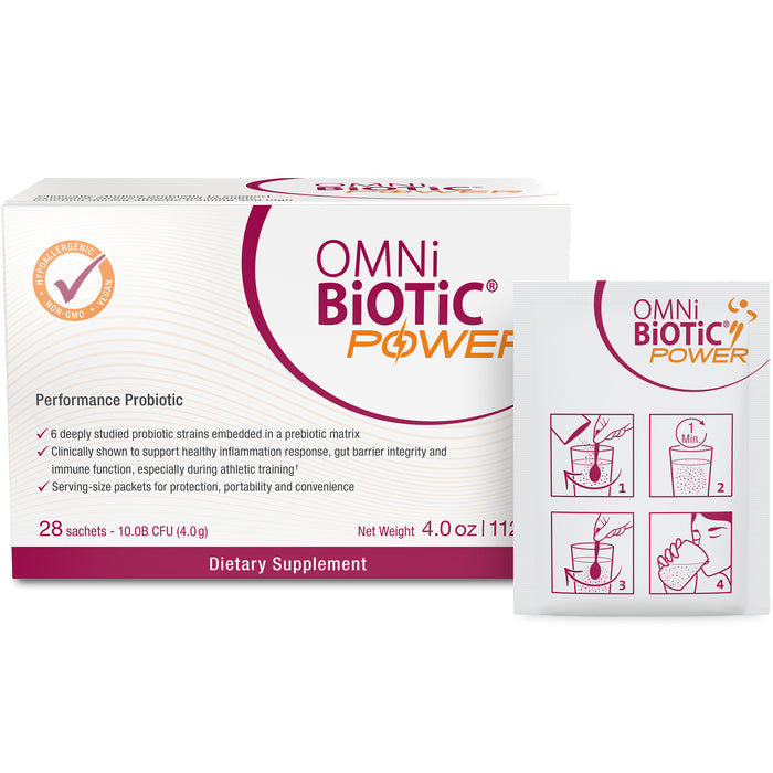 The packaging of Omni-Biotic Power contains 28 sachets of a probiotic supplement with six strains, designed from microbiome research to support performance and enhance immune function. It includes instructions for mixing with water and has a net weight of 4 oz (112 g).