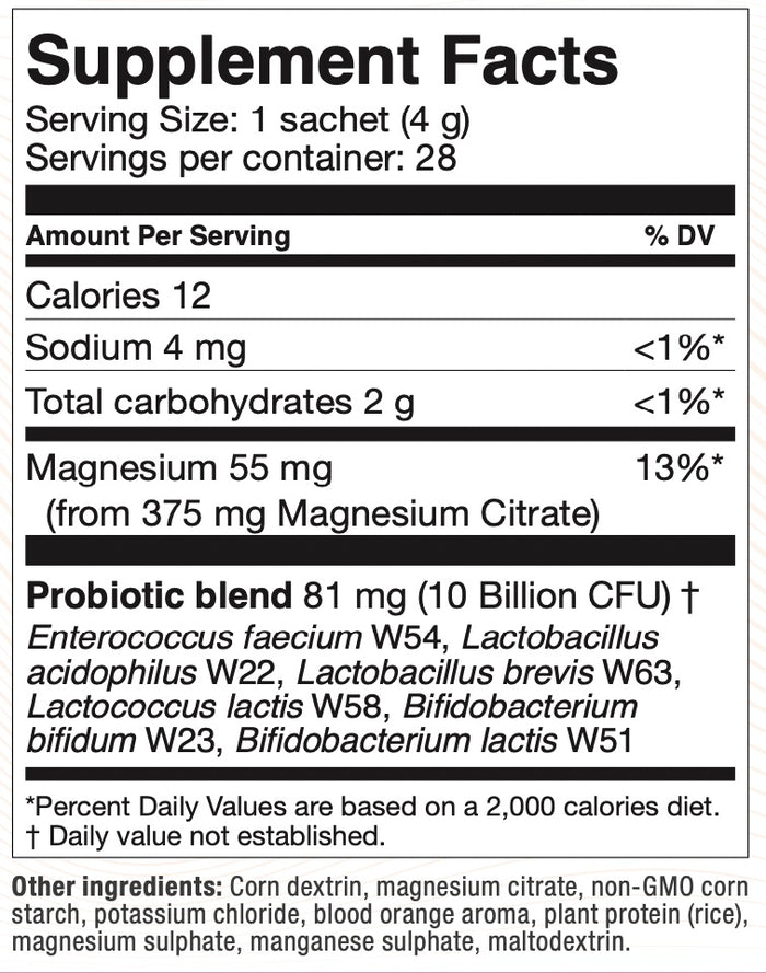 Black and white supplement facts label detailing nutritional information: 12 calories per serving, 4 mg sodium, 2 g total carbohydrates, 55 mg magnesium. Includes a probiotic blend with various strains. Contains other ingredients like corn dextrin.