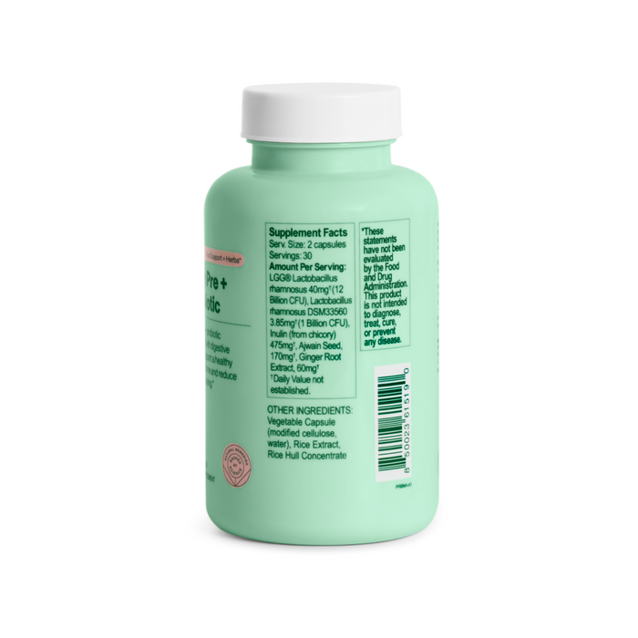 A green bottle labeled with supplement facts and ingredients for optimal gut support, the Hilma Pre + Probiotic contains capsules detailing serving size, amount per serving, and an FDA evaluation note.