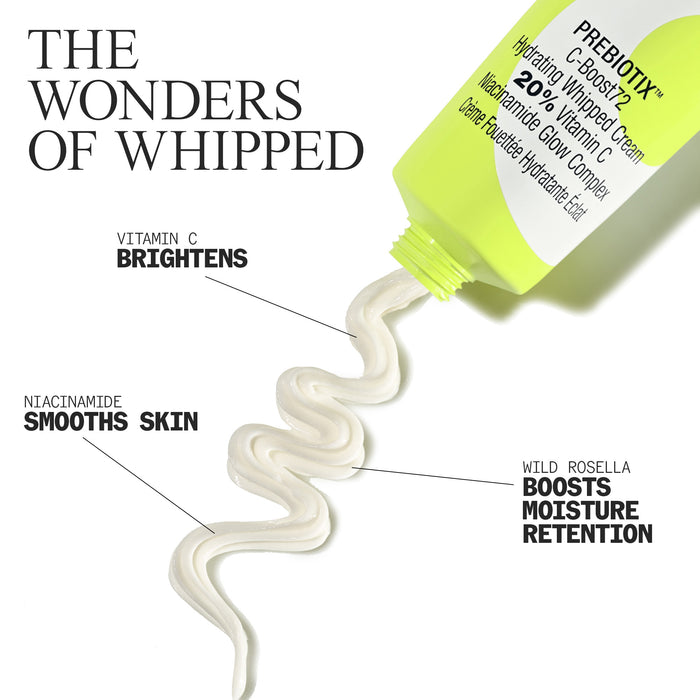 A green tube of "Prebiotix C Boost" cream is squeezed out, forming a swirl. Labels point to ingredients: Vitamin C for brightness, Niacinamide for smooth skin, and Wild Rosella for moisture retention. Text reads "The Wonders of Whipped.