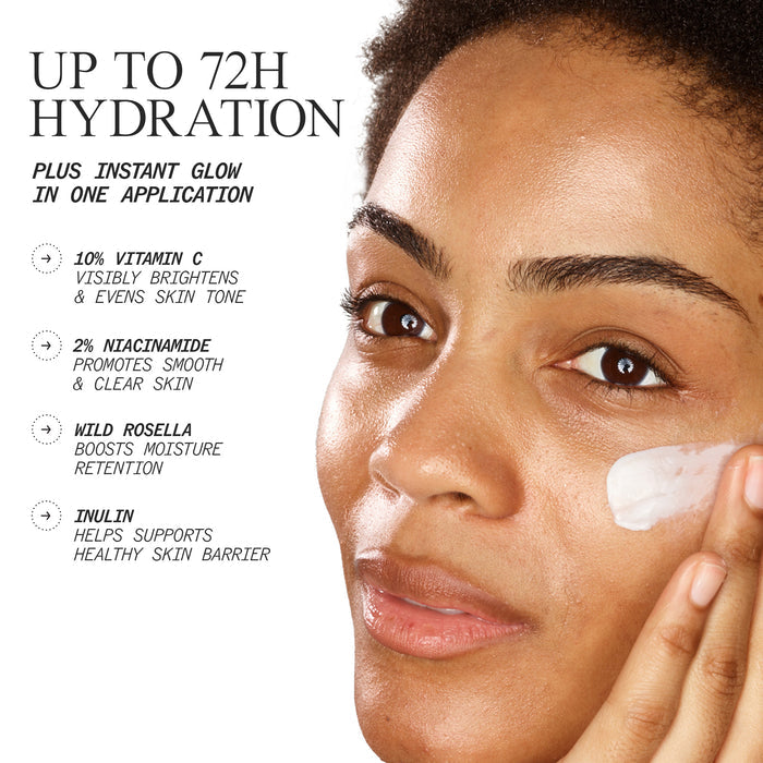 A woman applies skincare cream to her cheek, with text highlighting benefits: "Up to 72H hydration, plus instant glow in one application." Features include 10% Vitamin C, 2% Niacinamide, Wild Rosella, and Inulin for skin benefits.