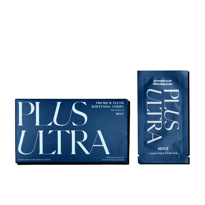 A Plus Ultra box and packet of Premium Teeth Whitening Strips mint flavor, safe for enamel and ideal for sensitive teeth, are displayed in deep blue packaging with large white text. The set includes 14 packs.
