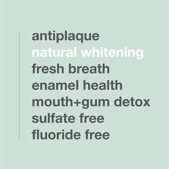 Text list on a pale green background: antiplaque, natural whitening, fresh breath, enamel health, mouth+gum detox, sulfate free, fluoride free. "Natural whitening" appears bold and white; other phrases are gray. Davids Premium Toothpaste - Whitening + Antiplaque is EWG Verified and fluoride free—an ideal choice for those looking for a safer oral care solution.